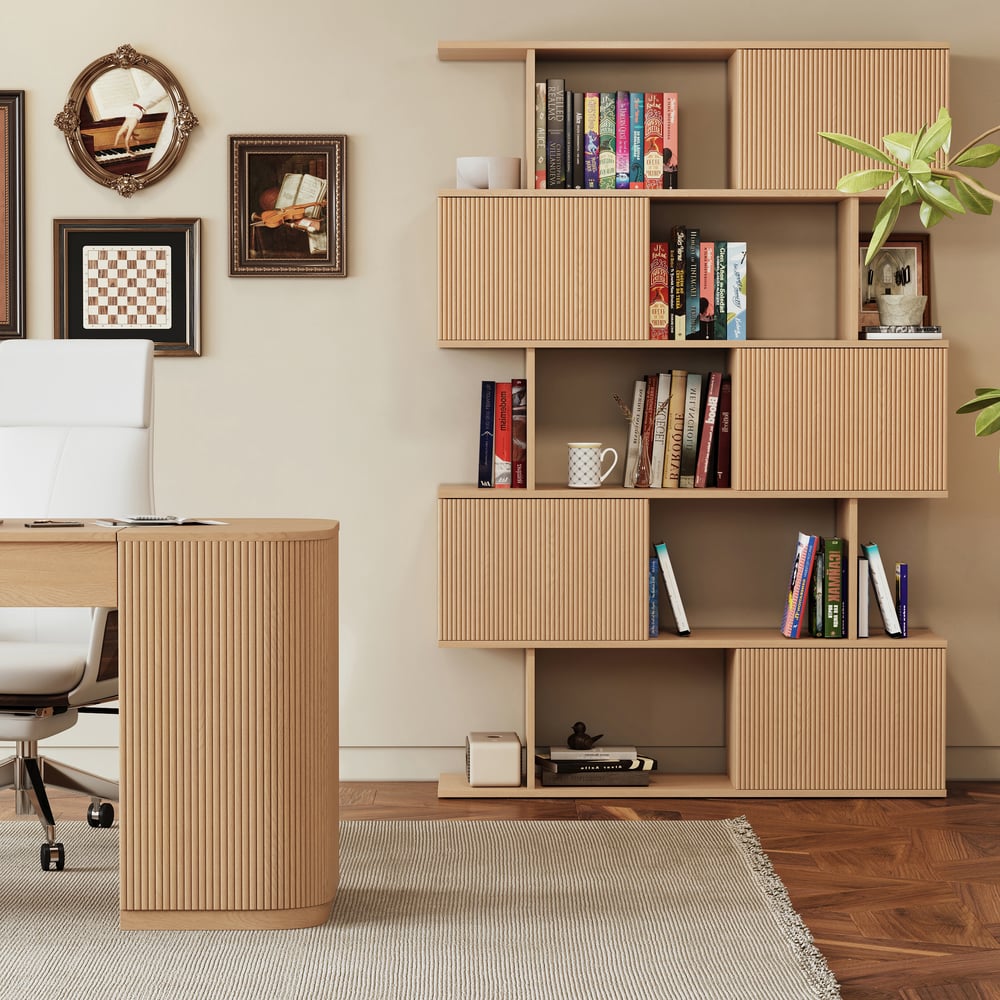 72.8" Natural Sliding Door Etagere Bookshelf 5-Shelf Tall Book Shelf Rich Storage window image