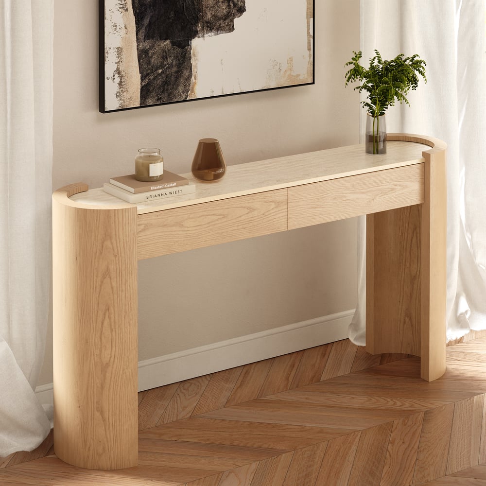Japandi 60" Oval Sintered Stone Console Table With 2 Drawers window image