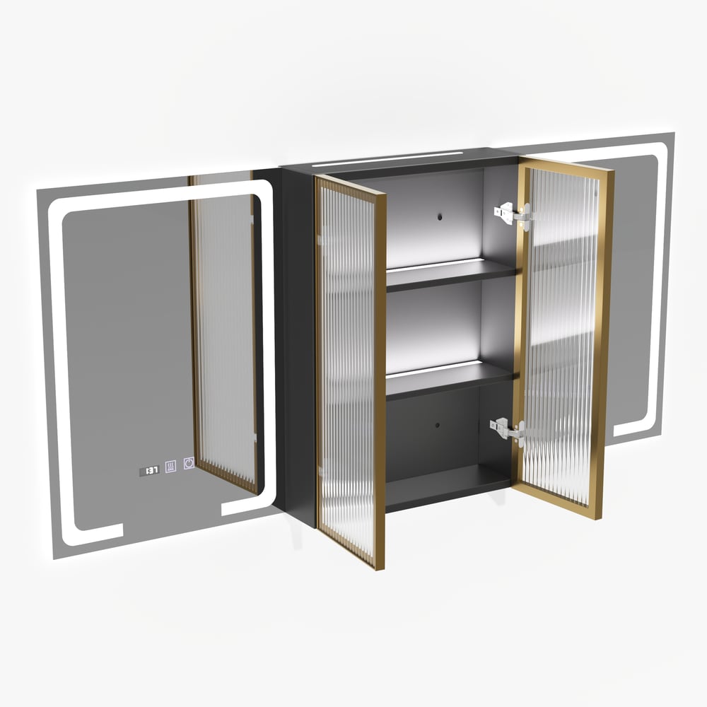 Mobile a specchio LED nero da 150 cm con vano centrale, dimmerabile a 3 colori e antiappannamento Immagine della finestra
