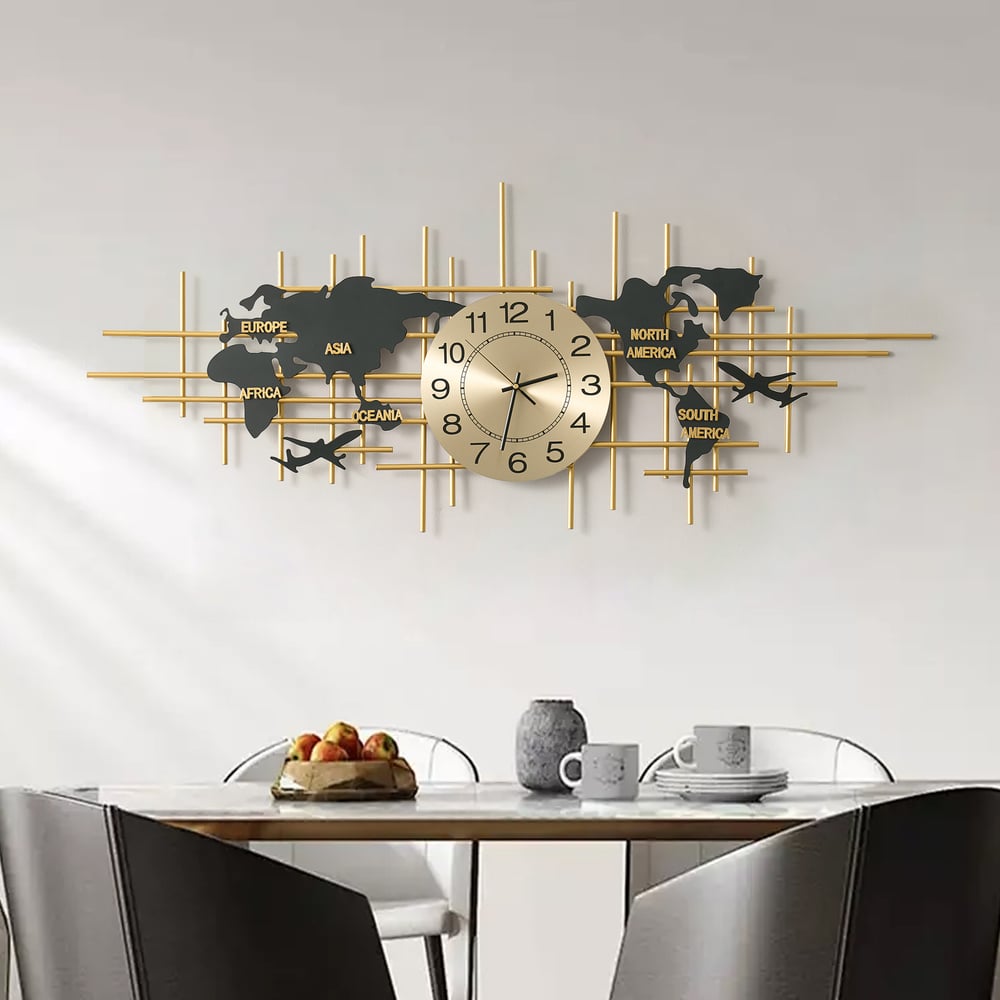 Reloj de Pared de Metal Grande de 116cm con Diseño de Mapa Decorativo Silencioso y Creativo para Sala de Estar Imagen de ventana