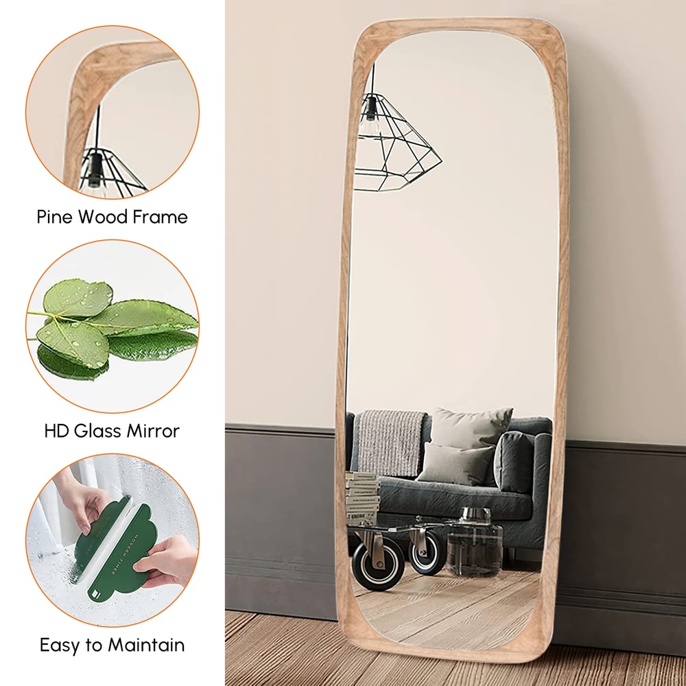Rectangle Full Length Floor Mirror Wood Frame 175cm Leaning Mirror Natural window image