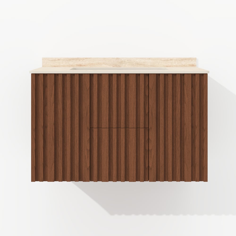 Aura 36" Bathroom Vanity with Light Ash Wood Slatted Panels Faux Travertine Top window image