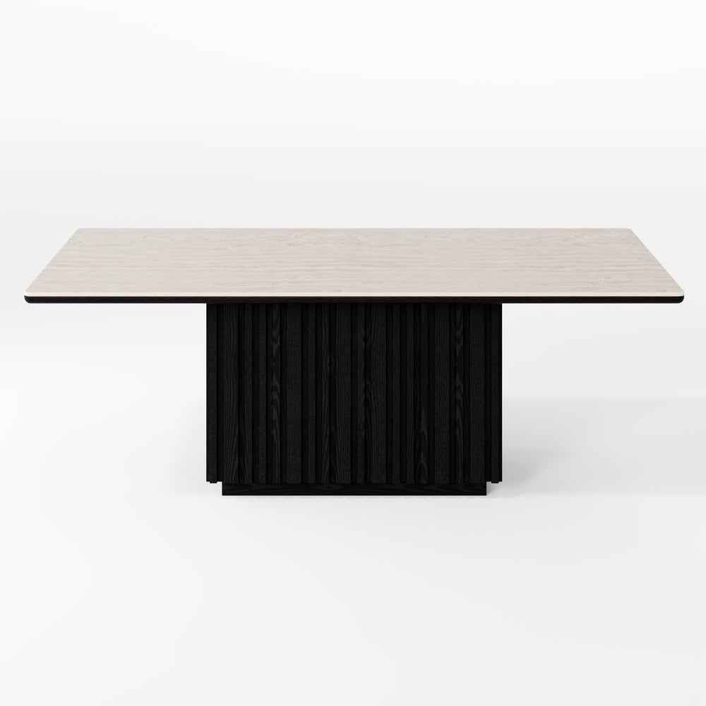 Aura 84" Rectangular Black Faux Travertine Sintered Stone Dining Table, Fluted Base, Seats 8 window image