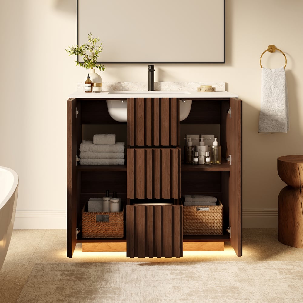 Aura 36" Fluted Freestanding Bathroom Vanity with Sink and Light window image