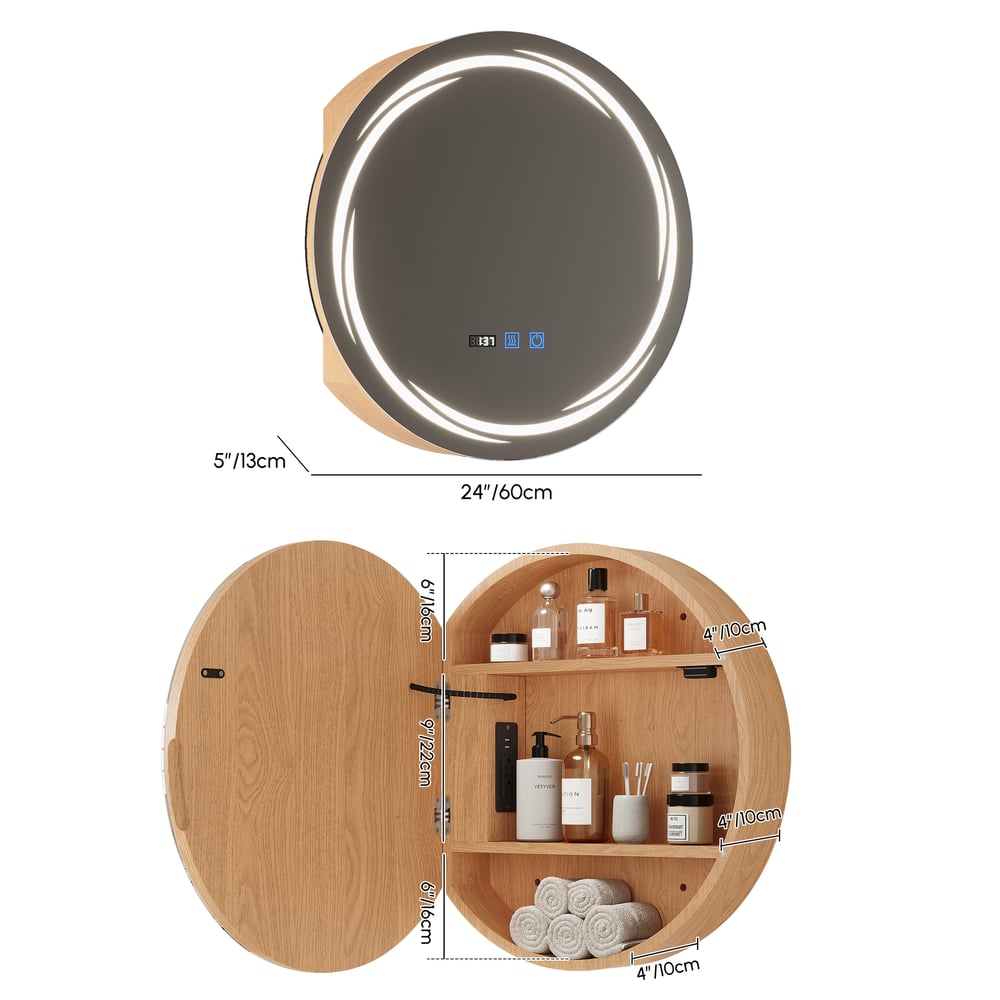 24" Round LED Natural Medicine Cabinet with Storage, Anti-Fog, Dimmable weights dimensions image