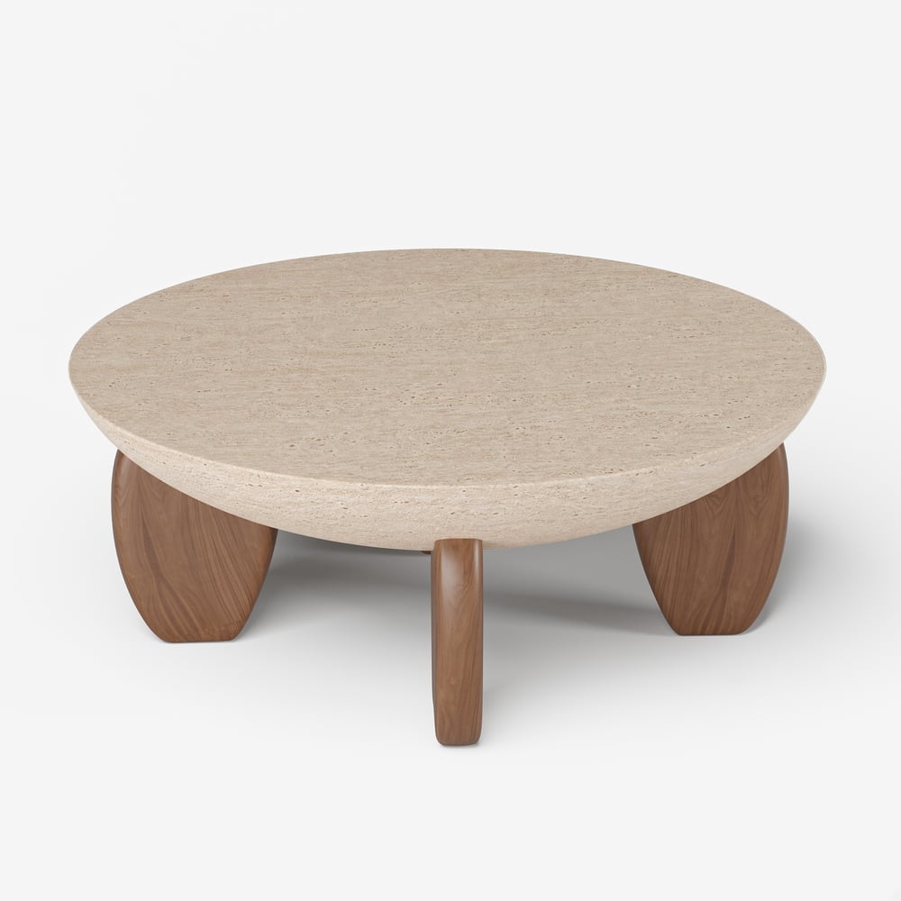Table basse Curva ronde 94 cm en béton noyer avec pieds en bois image de fenêtre