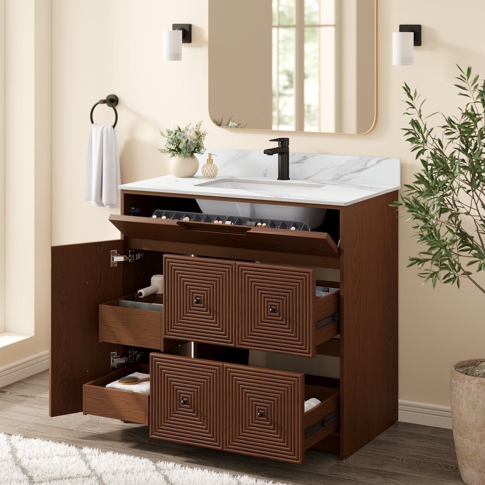 92cm Walnut Single Bathroom Vanity with Sink and Sintered Stone Top window image