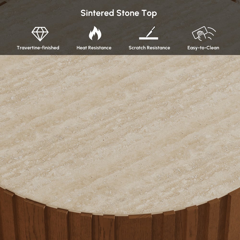 Aura 35" Ash Wood Slatted Round Coffee Table with Sintered Stone Top window image
