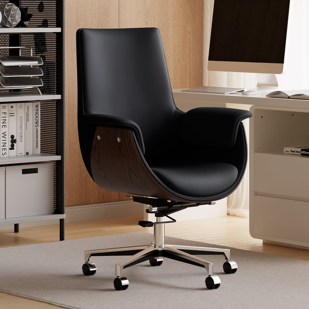 Walnut Double Desk with Drawers & 2 Black PU Leather Modern Home Office Chairs window image