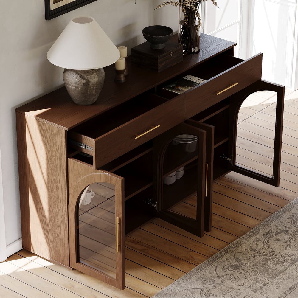 Arune 63" Walnut Wood Sideboard with Storage & LED Lights window image