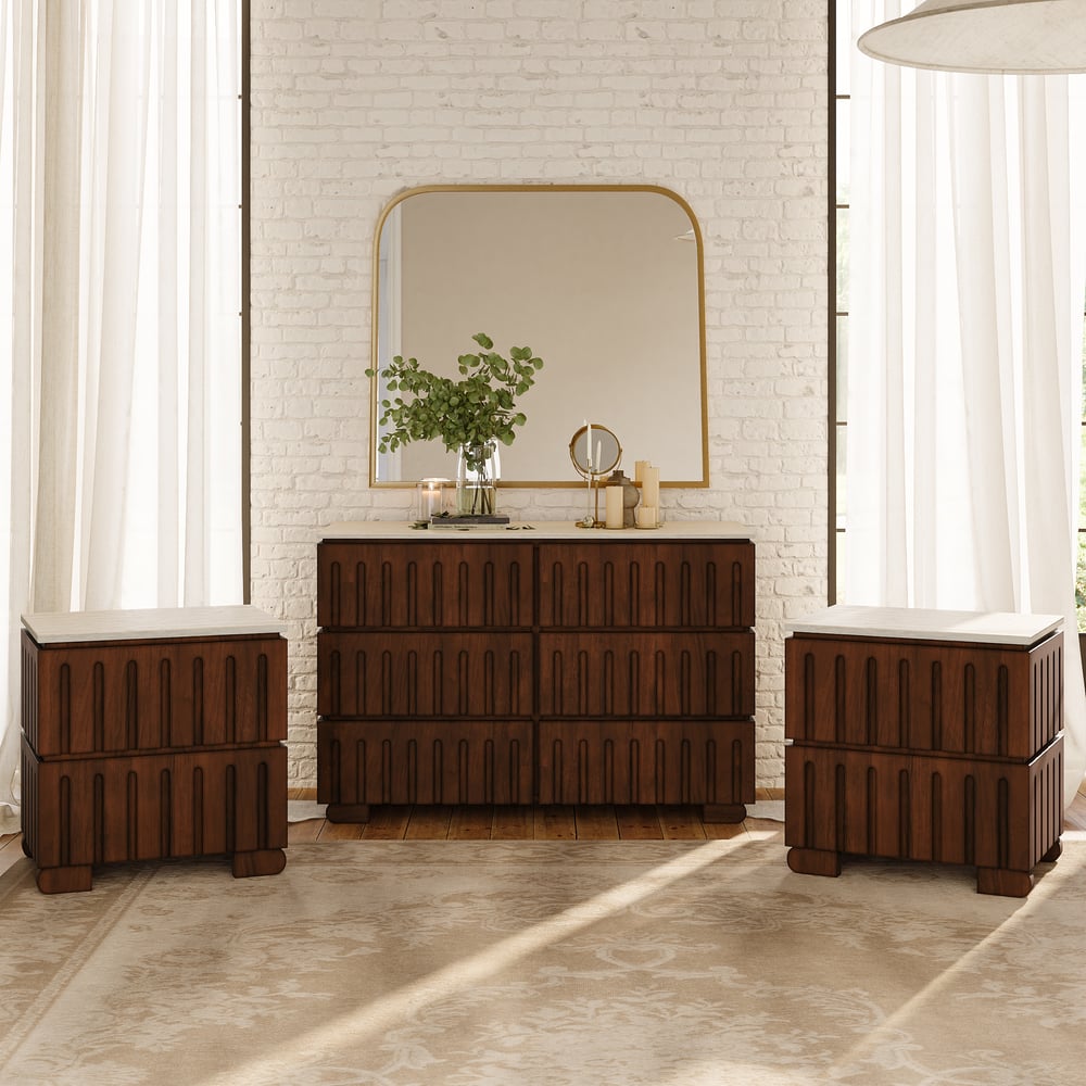 Commode moderne de 47 po en bois de frêne à 6 tiroirs avec dessus en pierre frittée imitation travertin image de fenêtre