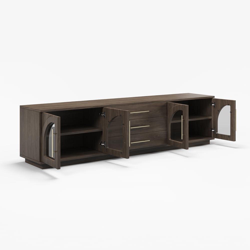 Arune 80" Arched Glass Doors Smoked Brown TV Stand with Storage and LED window image