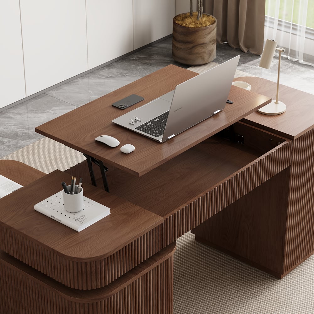 Modern 60" L-Shape Walnut Executive Desk with Drawers & Cabinet Right Hand window image
