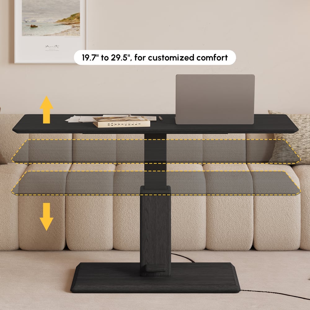 Table basse moderne de 119 cm en placage de bois noir, réglable en hauteur avec commande au pied image de fenêtre