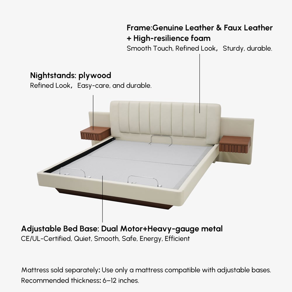 Genuine Leather Smart Bed Set With Adjustable Base And 2 Storage Nightstands window image