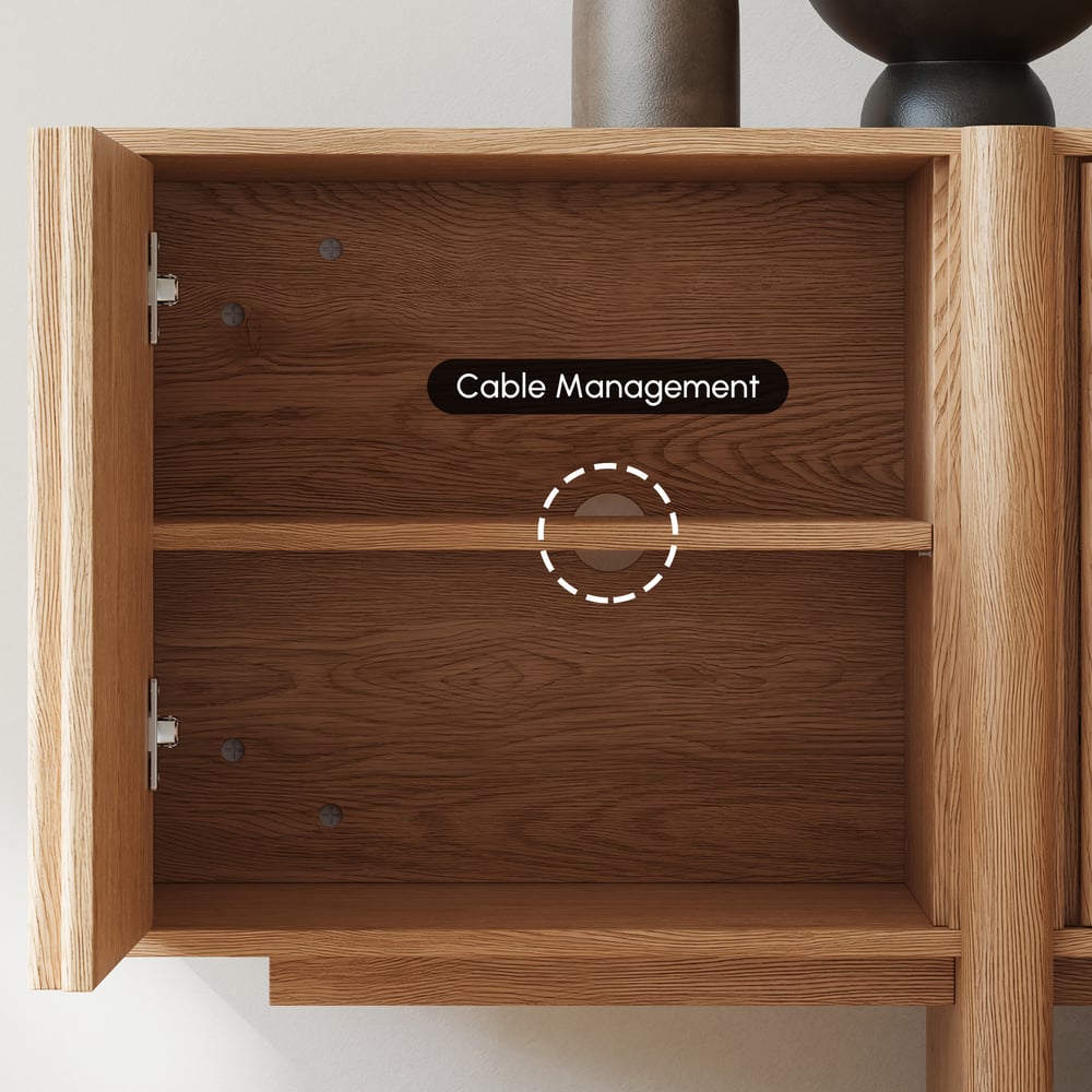 80" Solid Wood Fluted Natural TV Stand with Cabinets window image