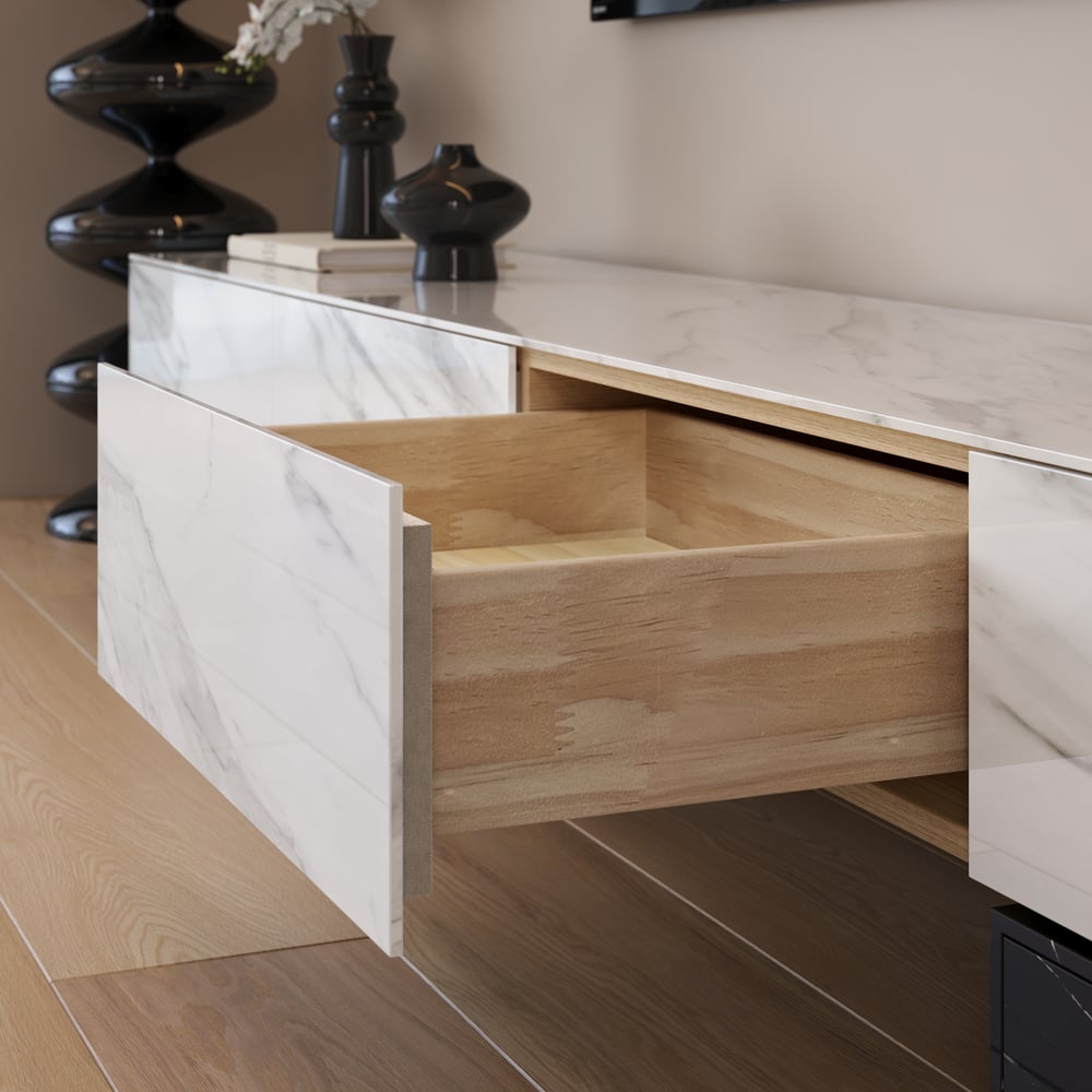 Meuble TV extensible de 87"-106" avec plateau en pierre frittée et 5 tiroirs image de fenêtre