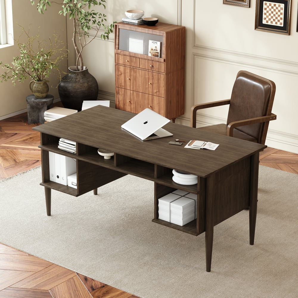 64" Houten bureau met 6 laden Vensterafbeelding