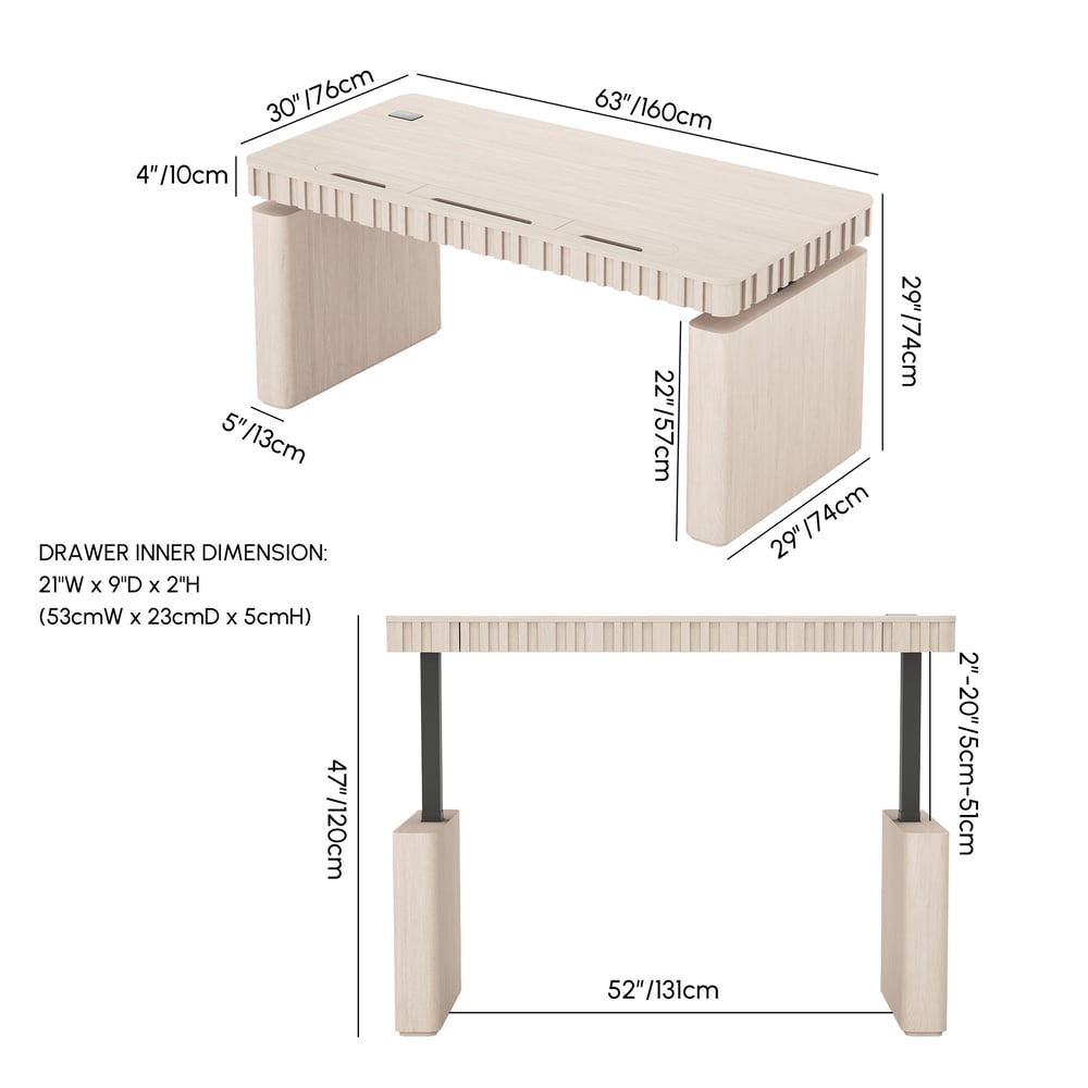 Aura 160 cm Whitewash Fluted Electric Adjustable Standing Desk weights dimensions image