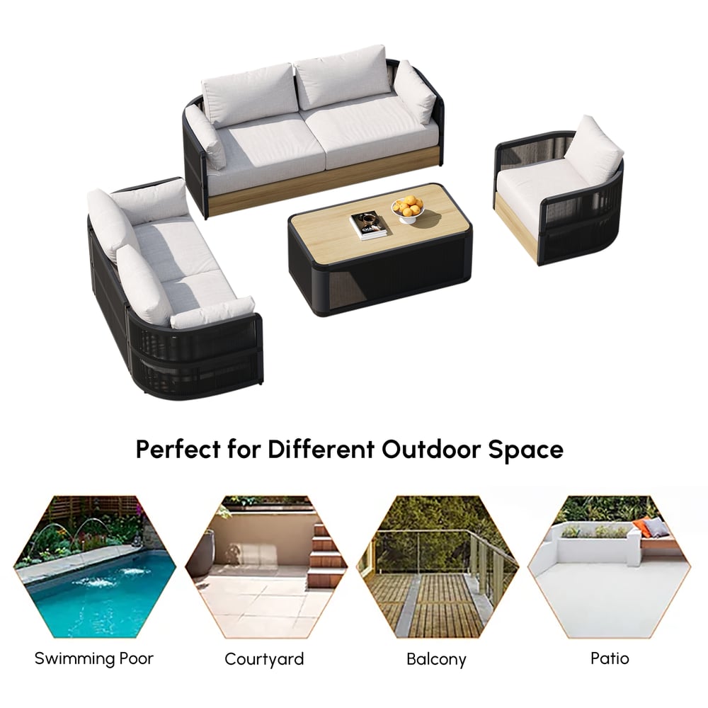 4-Pieces Modern Aluminum & Rope Outdoor Swivel Sofa Set with Coffee Table in Black for 6 window image