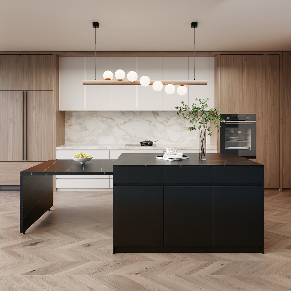 Îlot de cuisine en bois extensible de 81 à 112 pouces avec rangement, noir image de fenêtre