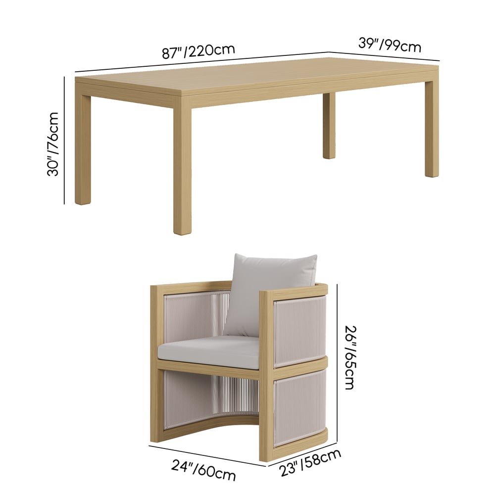 Wevara 9-Piece Outdoor Rope Weave Dining Set with 8 Chairs in Natural weights dimensions image