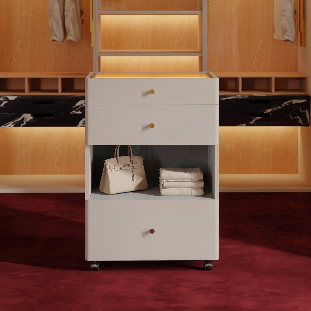 Îlot de dressing pour bijoux avec plateau en verre et éclairage image de fenêtre