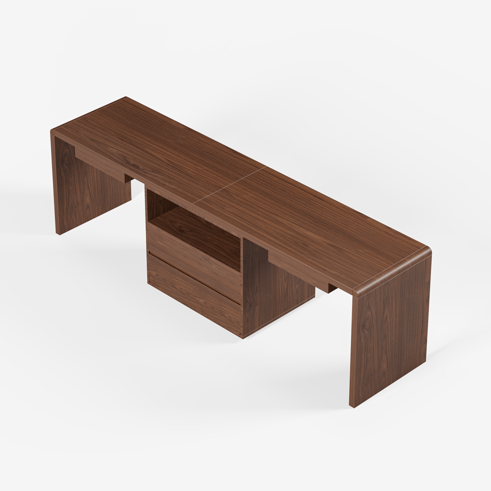Walnut Double Desk with Drawers & 2 Black PU Leather Modern Home Office Chairs window image