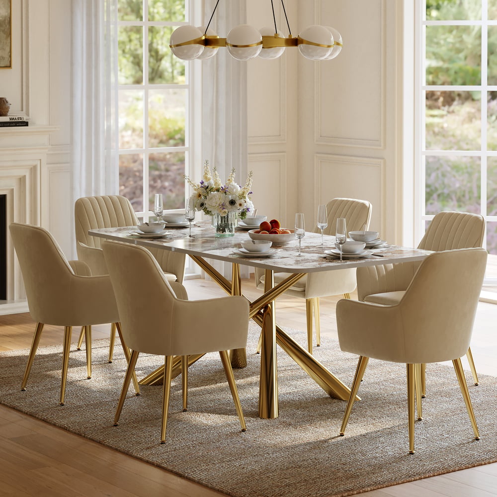 Ensemble de salle à manger 180 cm Table rectangulaire en pierre frittée Pandora brillante avec 6 chaises image de fenêtre