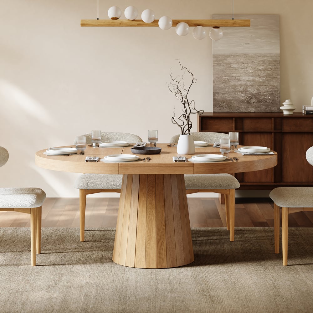 Japandi 39"–55" Extendable Round-to-Oval Wood Dining Table Natural, Seats 4-6 window image