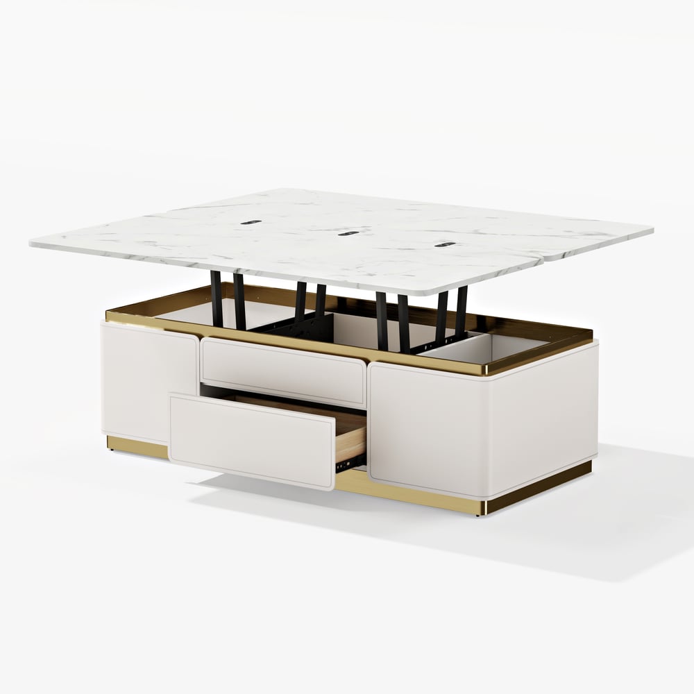 48" Ivory Saddle Leather Lift-Top Coffee Table with 2 Drawers window image