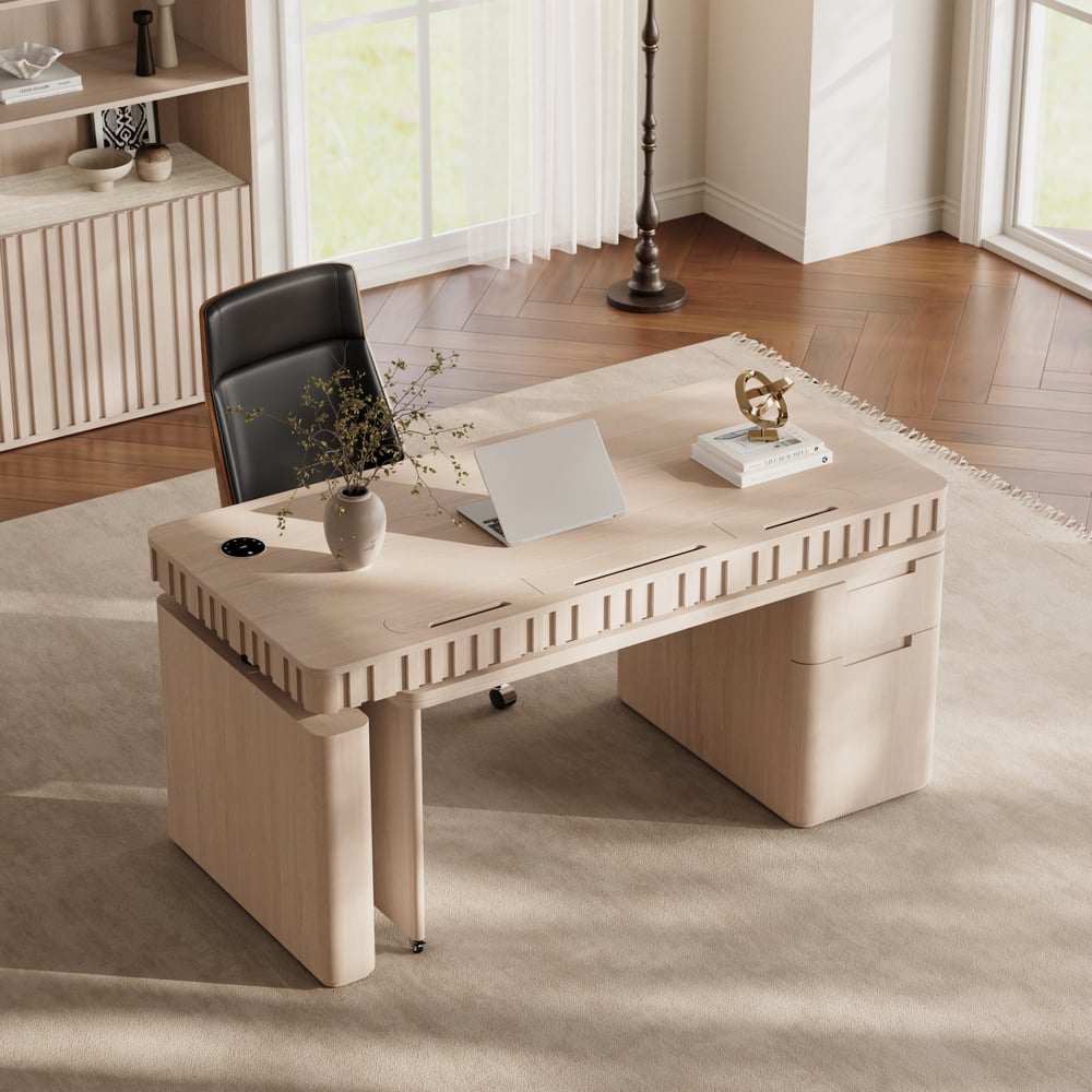 Aura 63" Whitewash Fluted 360-Degree Rotating Desk Electric Adjustable Standing Desk window image