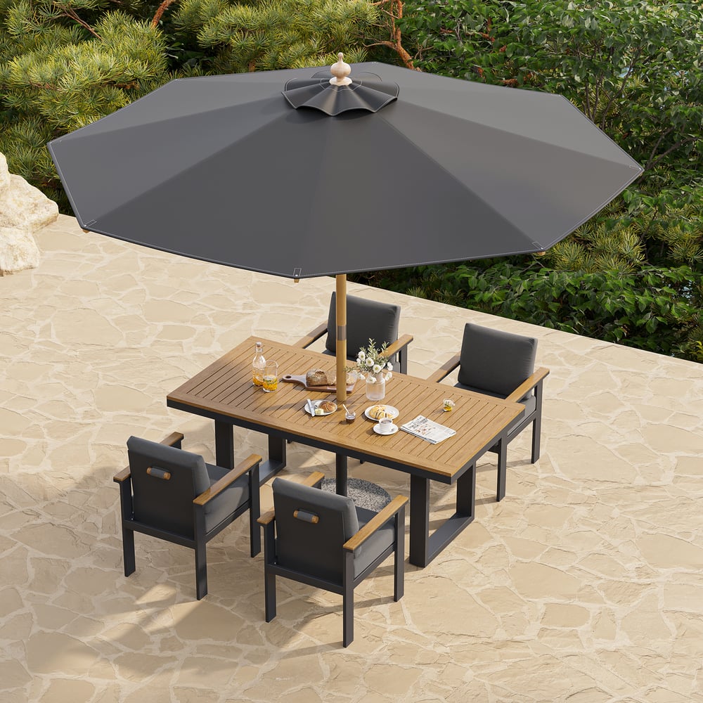Tevara 6 Pieces Rectangle Wood & Aluminum Outdoor Dining Set with  Pillar Umbrella window image