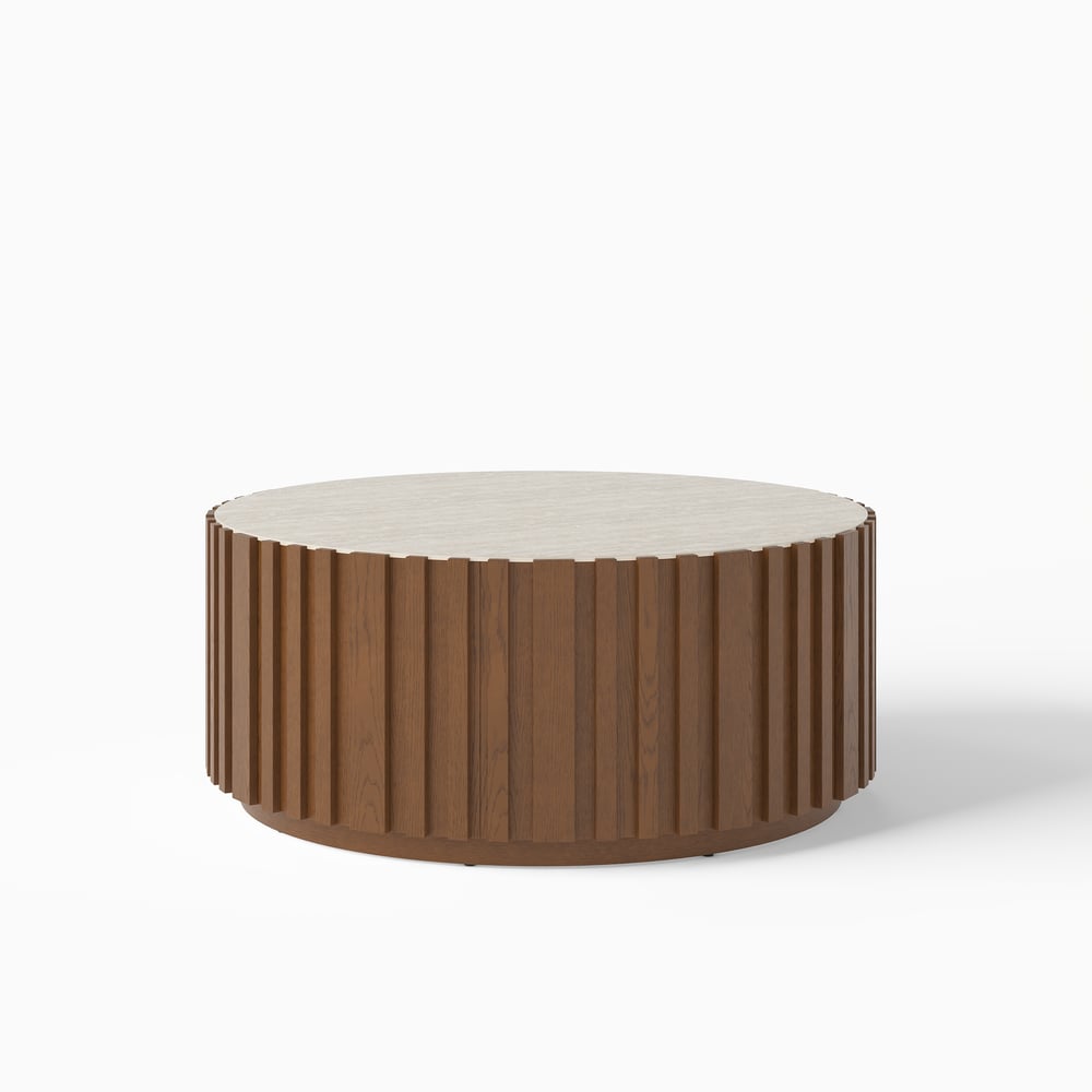 Aura 35" Ash Wood Slatted Round Coffee Table with Sintered Stone Top window image