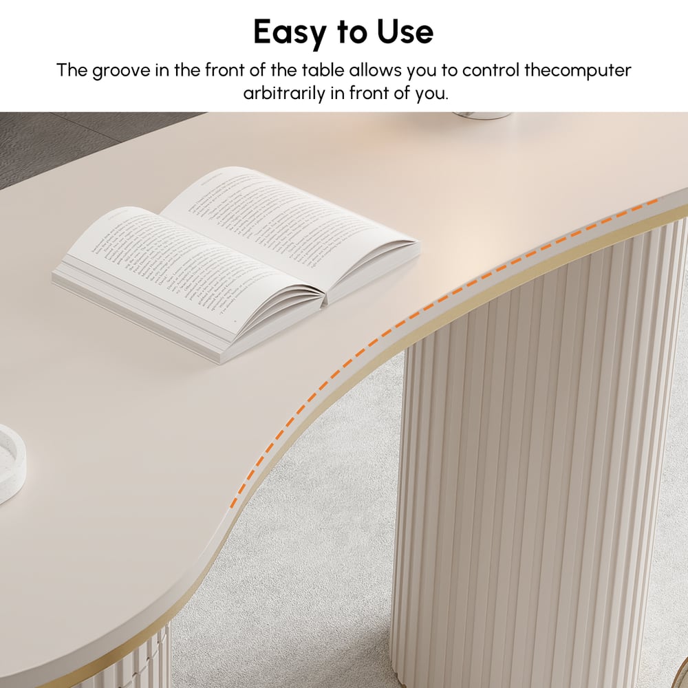 Warm White Curved Wooden Office Desk & Adjustable Swivel Executive Chair in Beige & Gold window image