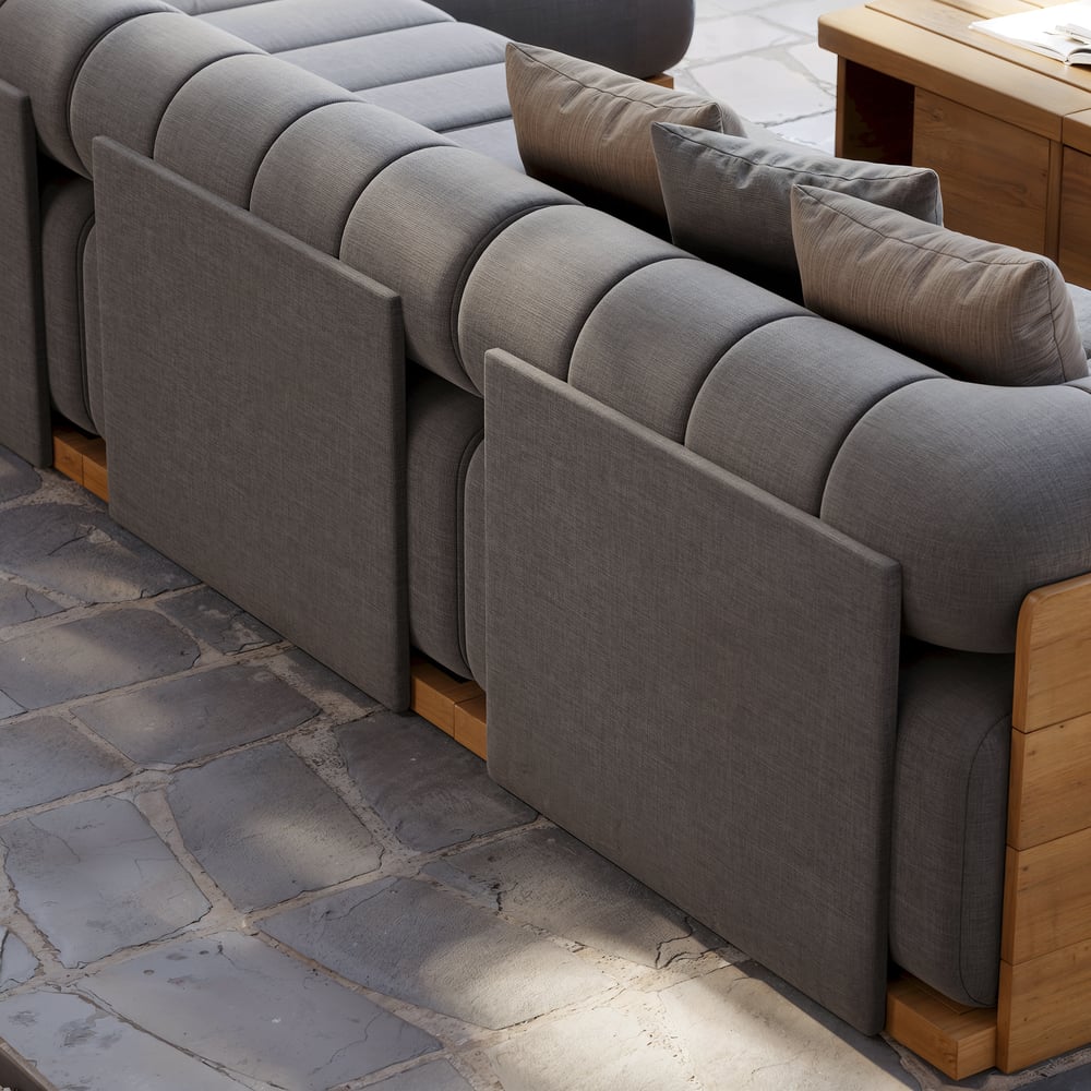 Ensemble de canapé modulaire d'extérieur 7 pièces Resaro en teck naturel avec dossier cannelé gris foncé image de fenêtre