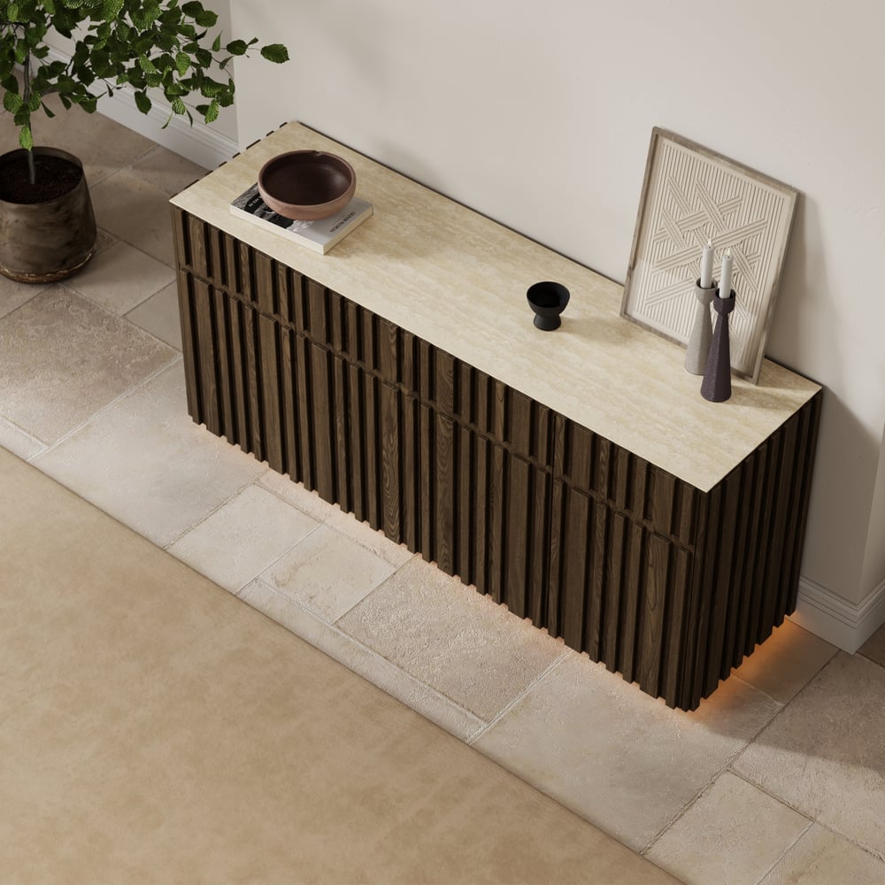 Aura 65" Ash Wood Slatted TV Stand with Sintered Stone Top window image