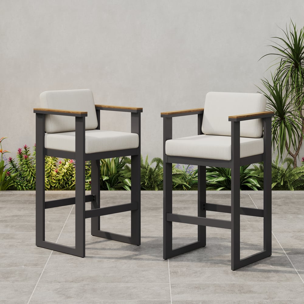 Tevara Outdoor Aluminum Frame & Teak Wood Armrest Bar Stools in Warm White, Set of 2 window image