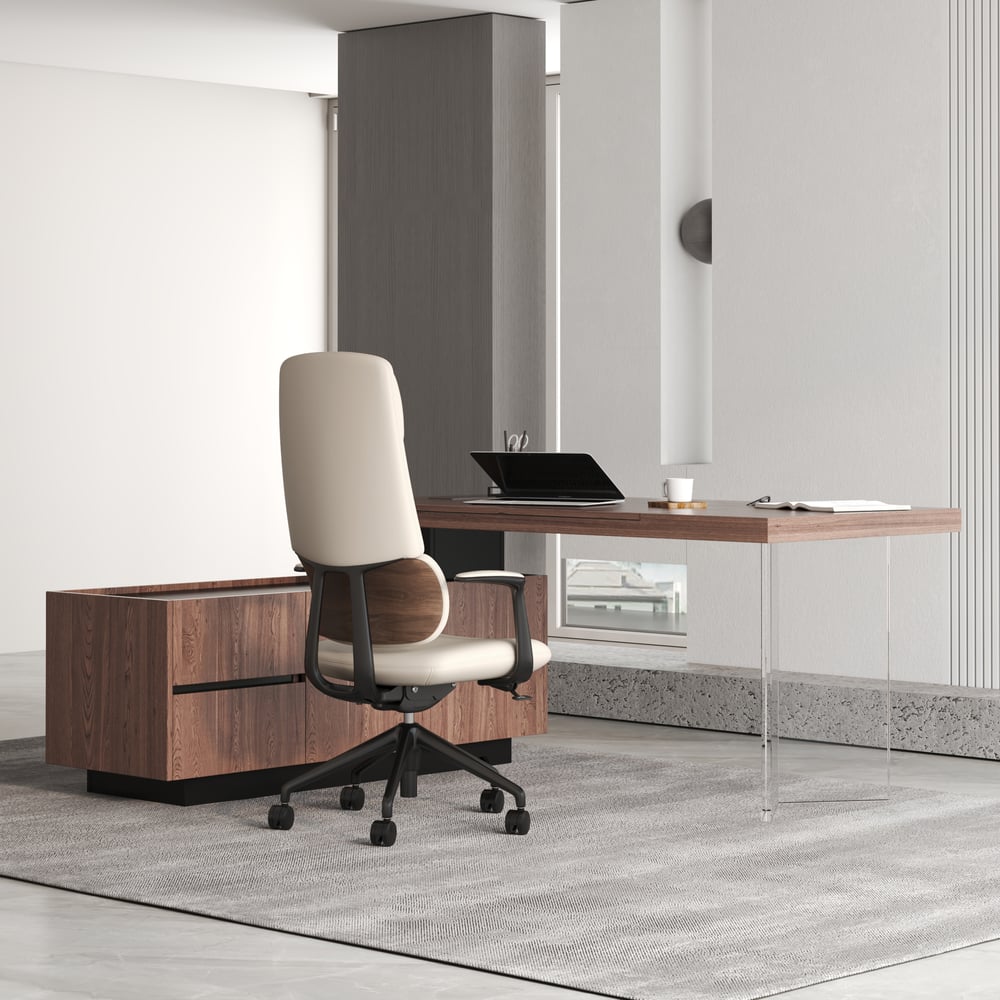 Ergonomic Grey Genuine Leather High Back Reclining Swivel Office Desk Chair window image