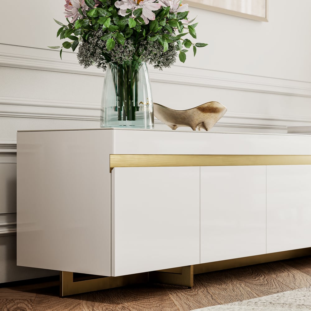 86" White Sintered Stone Top TV Stand with 4 Drawers window image