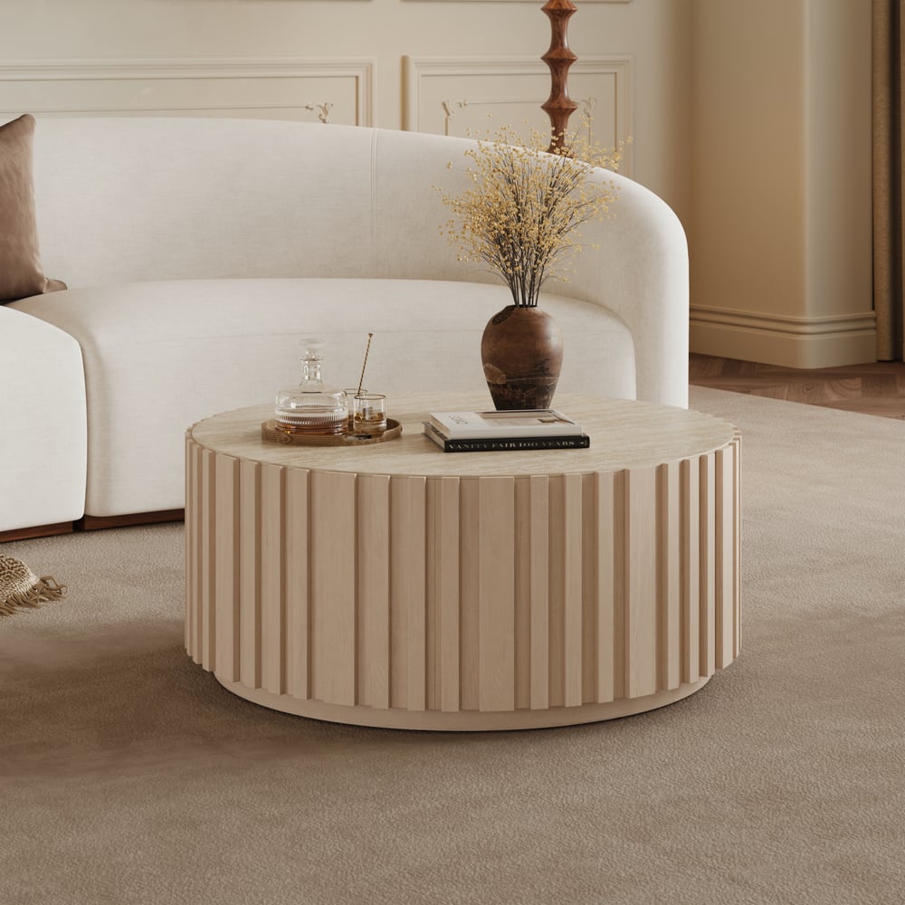 Aura 35" Round Washed White Slatted Sintered Stone Coffee Table with 2 Drawers window image