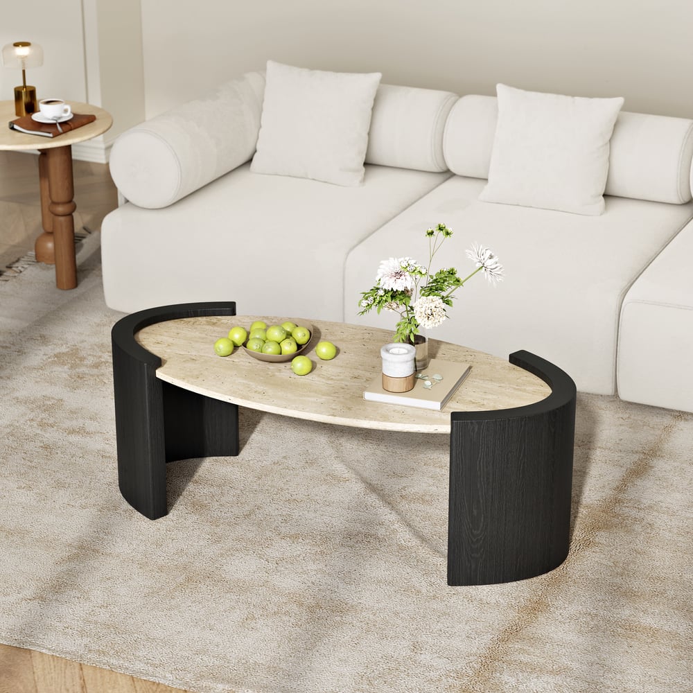 Table Basse de 43" en Pierre de Travertin Ovale Style Japandi image de fenêtre