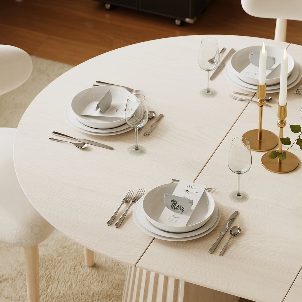 Modern 47"-79" Extendable Whitewash Wood Dining Table with Fluted Base, Seats 4-6 window image