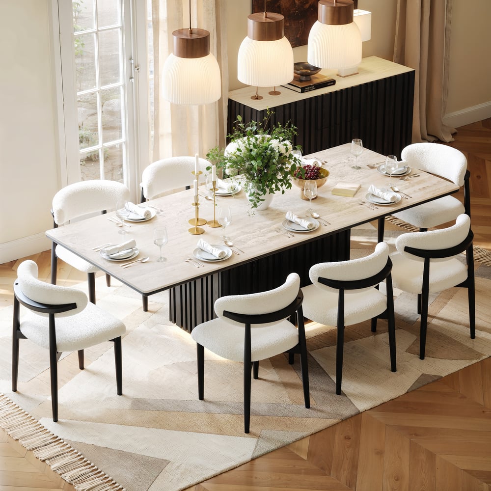 Aura 84" Rectangular Black Faux Travertine Sintered Stone Dining Table, Fluted Base, Seats 8 window image