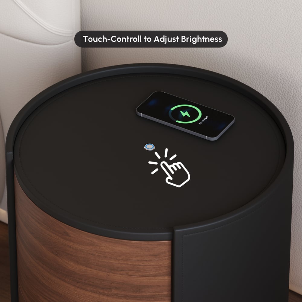 Modern Black Saddle Leather 2-Drawer Nightstand with Charging Station & Light window image