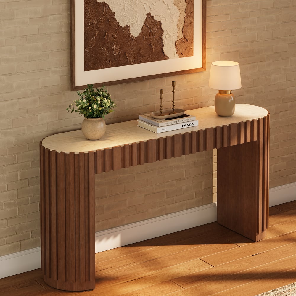 Aura 60" Ash Wood Fluted Walnut Console Table With SIntered Stone Top window image