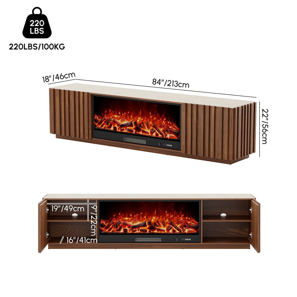 Aura 84" Sintered Stone Top Electric Fireplace TV Stand weights dimensions image
