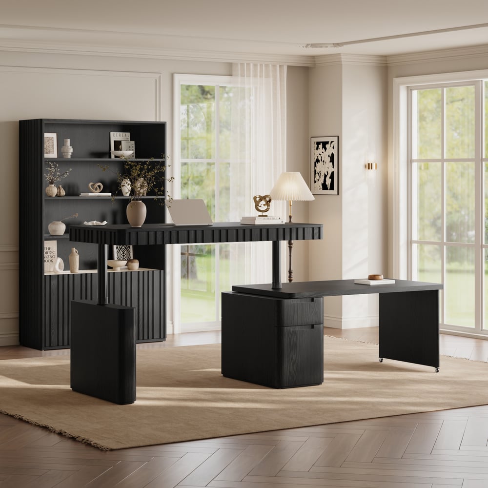 Bureau Aura 160 cm Noir Cannelé à Rotation 360 Degrés Bureau Debout Électrique Réglable image de fenêtre