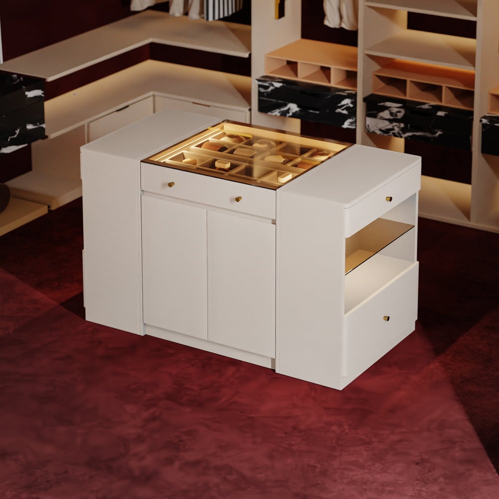 Selvo Saddle Leather Glass Top Closet Island with Storage, Light and Jewelry Display window image