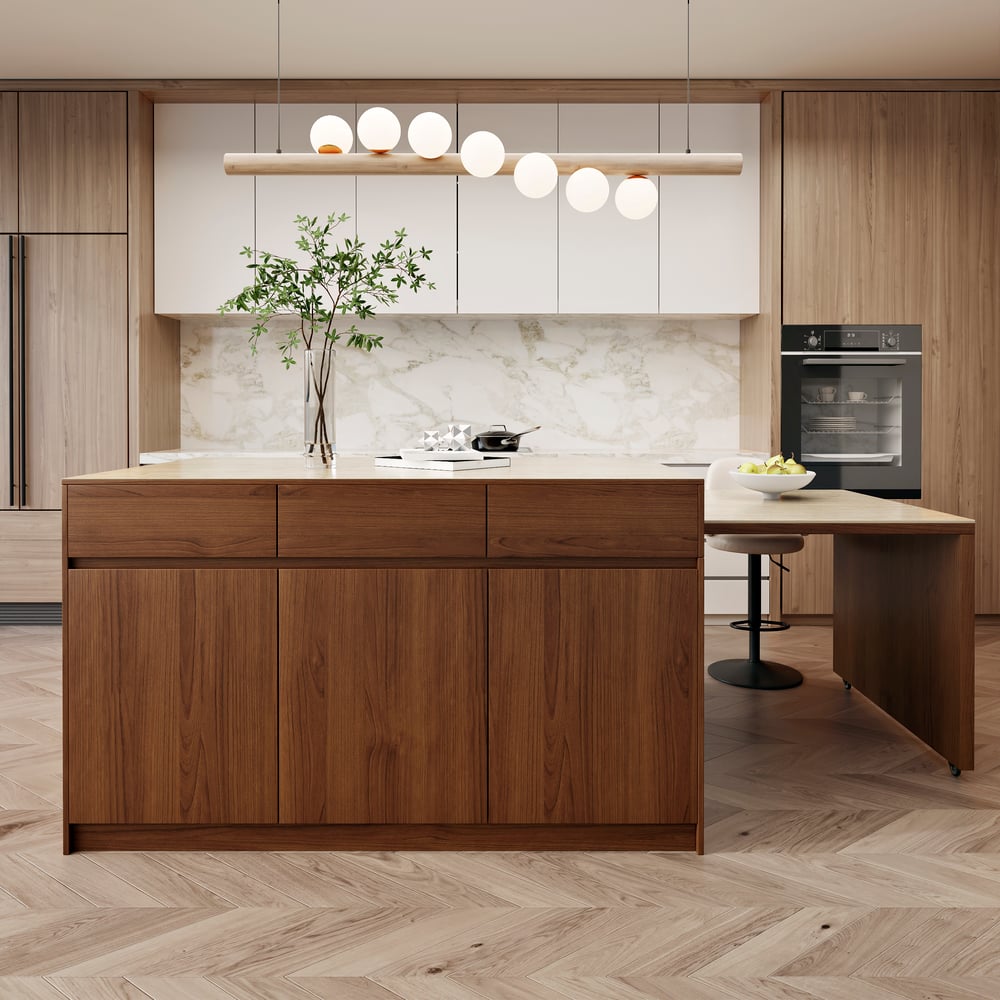 Îlot central de cuisine moderne extensible 205-284 cm avec plateau en pierre frittée mate finition noyer et rangement image de fenêtre